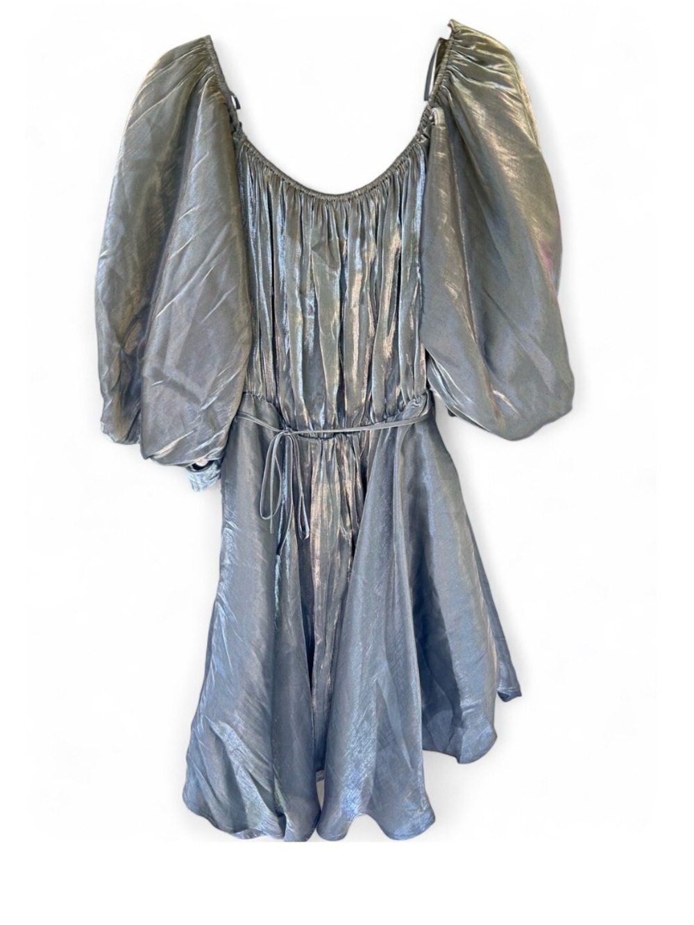 Plus size Arula Metallic Silver Puff-Sleeve Dress with tie waist - 3XL